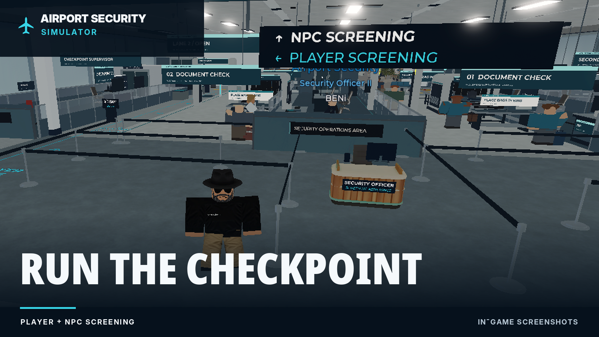 Airport Security Simulator promotional artwork showing a Roblox airport security checkpoint