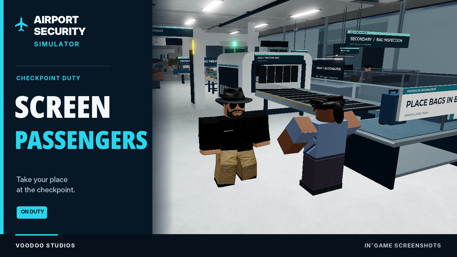 Promotional artwork of an officer inspecting a bag scanner