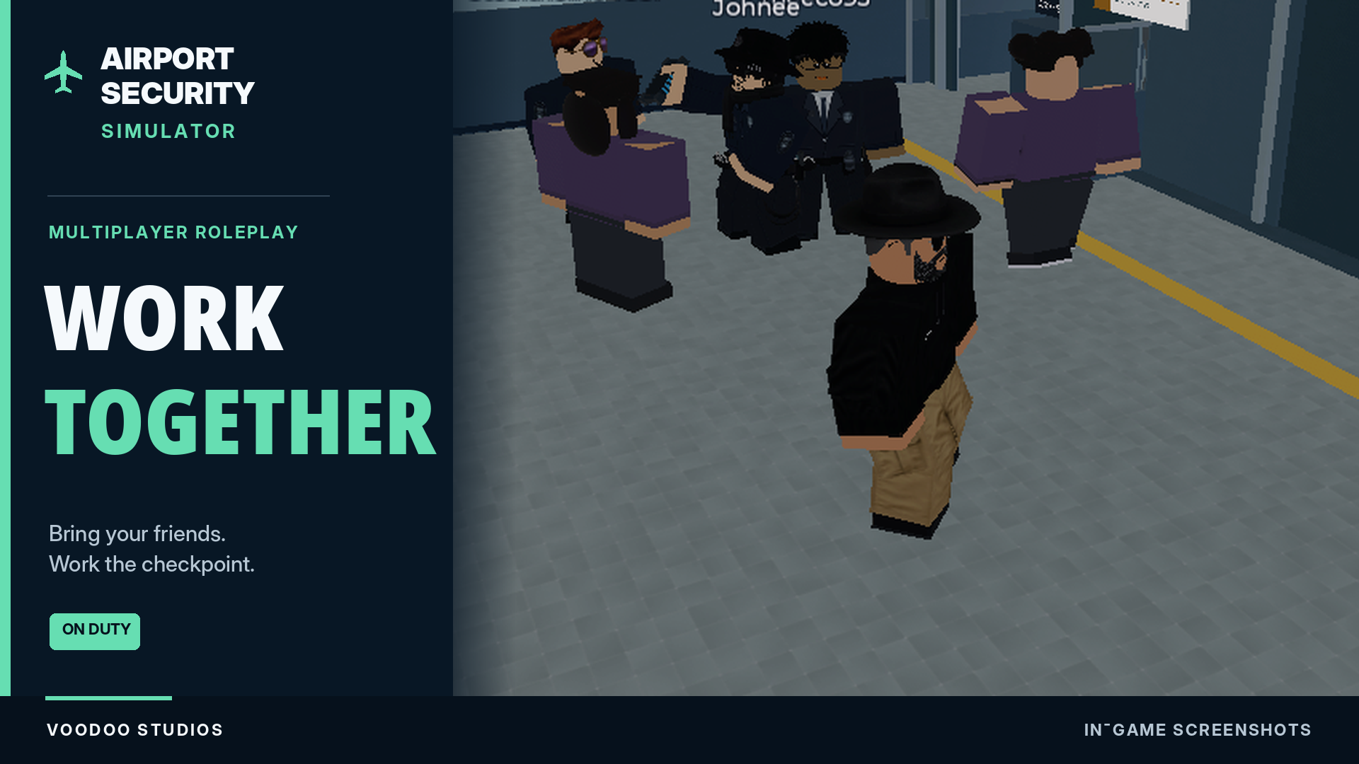 Promotional artwork of a team of airport security Roblox characters